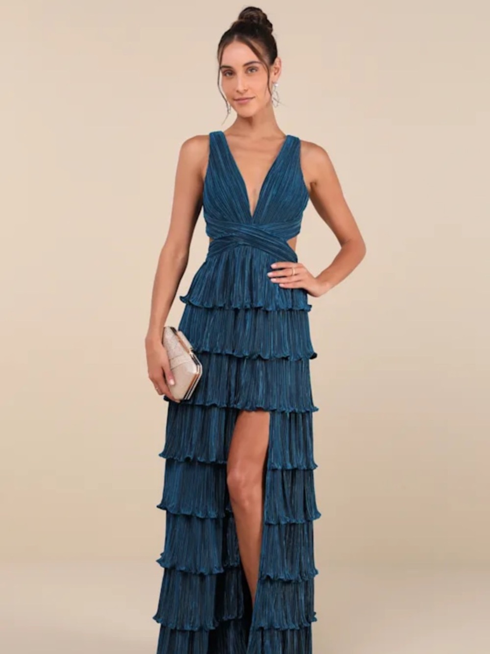 Lulu's Teal V-Neck Tiered Ruffle Maxi Dress